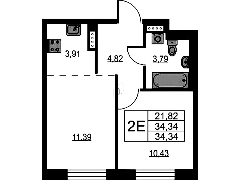 1-комнатная квартира 34.34 м², 6/9 эт., ЖК «Квартал Лаголово»